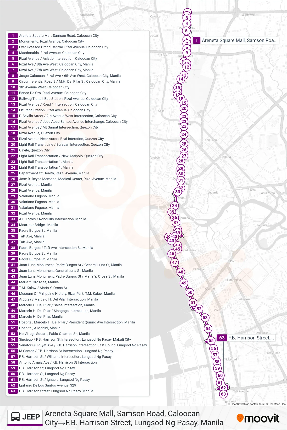 JEEP bus Line (Areneta Square Mall, Samson Road, Caloocan City→F.B. Harrison Street, Lungsod Ng Pasay, Manila) route and stops on a map