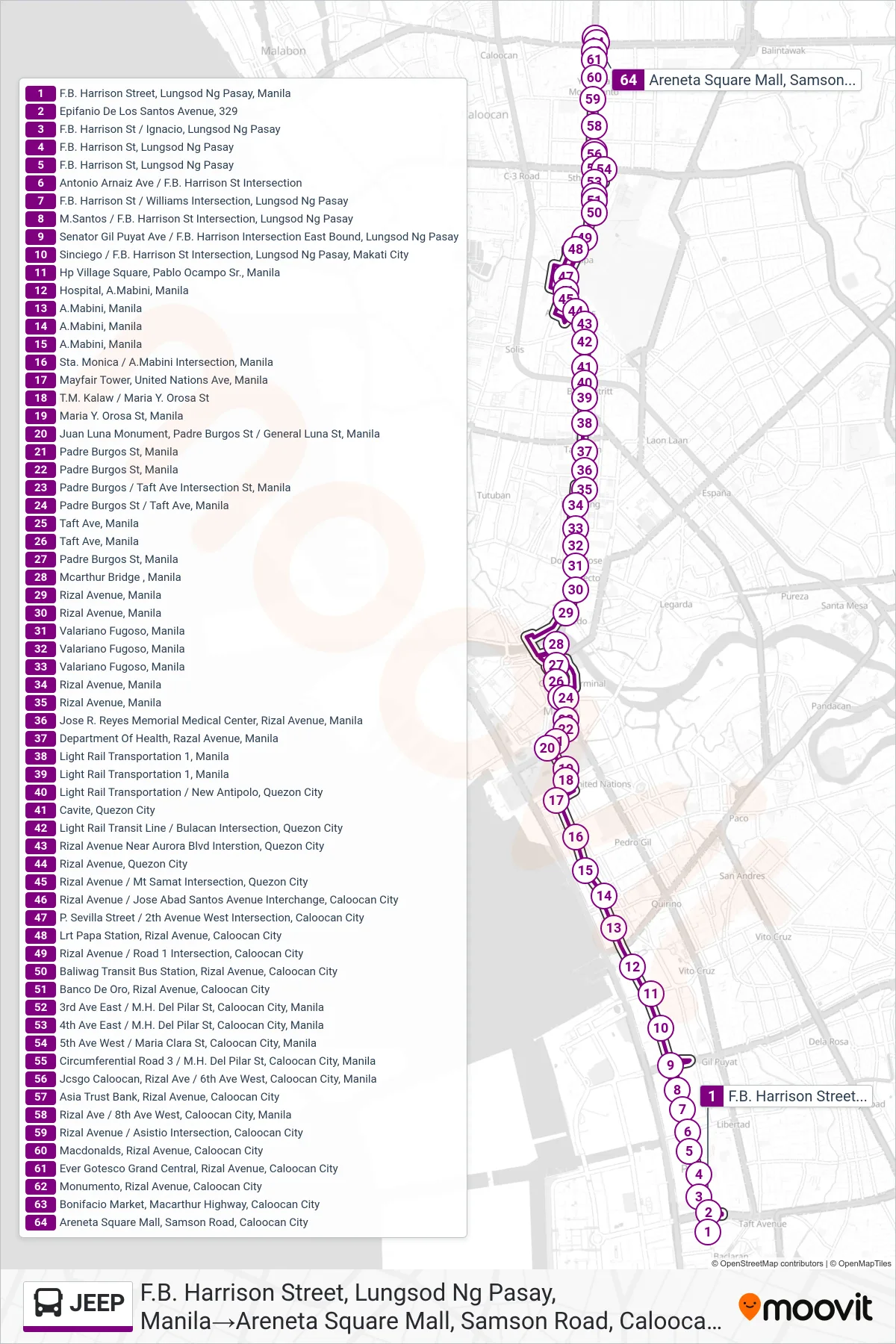 JEEP bus Line (F.B. Harrison Street, Lungsod Ng Pasay, Manila‎→Areneta Square Mall, Samson Road, Caloocan City) route and stops on a map