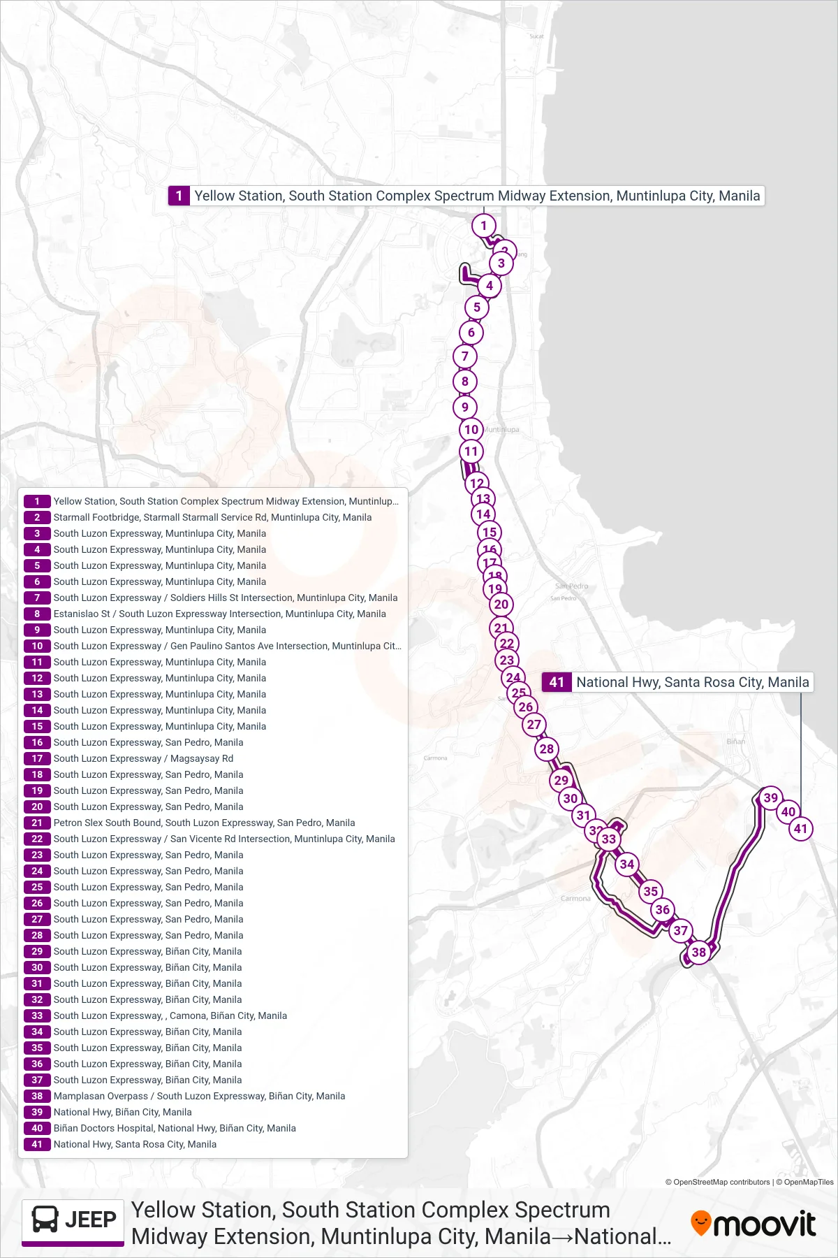 JEEP bus Line (Yellow Station, South Station Complex Spectrum Midway Extension, Muntinlupa City, Manila→National Hwy, Santa Rosa City, Manila) route and stops on a map