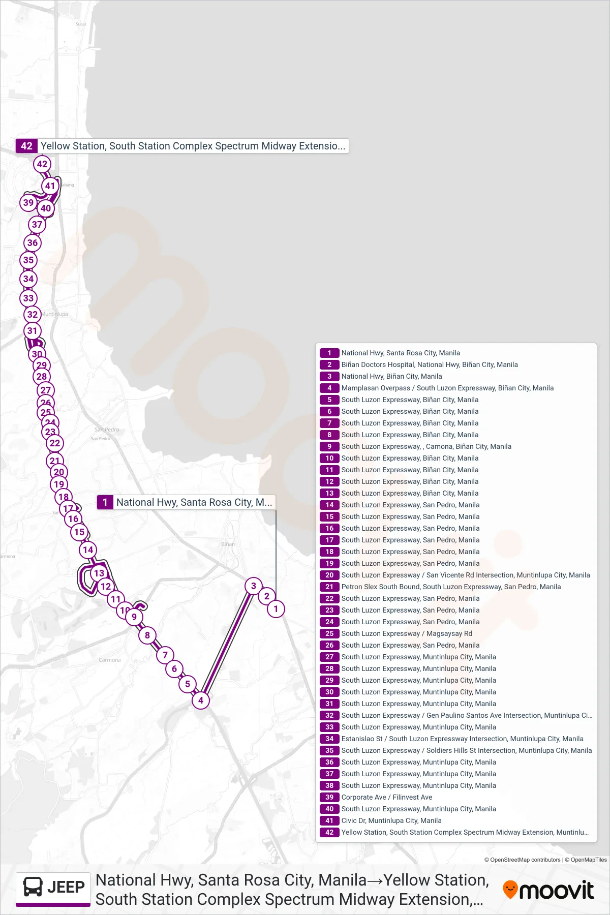 JEEP bus Line (National Hwy, Santa Rosa City, Manila‎→Yellow Station, South Station Complex Spectrum Midway Extension,  Muntinlupa City, Manila) route and stops on a map