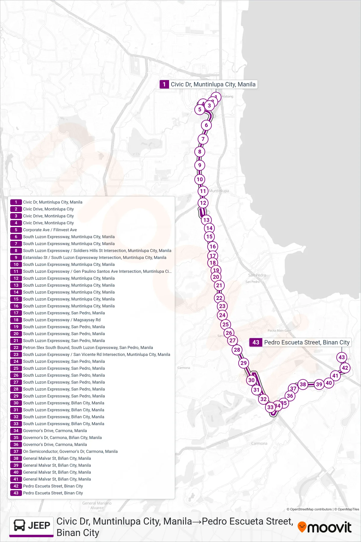 JEEP bus Line (Civic Dr, Muntinlupa City, Manila→Pedro Escueta Street, Binan City) route and stops on a map