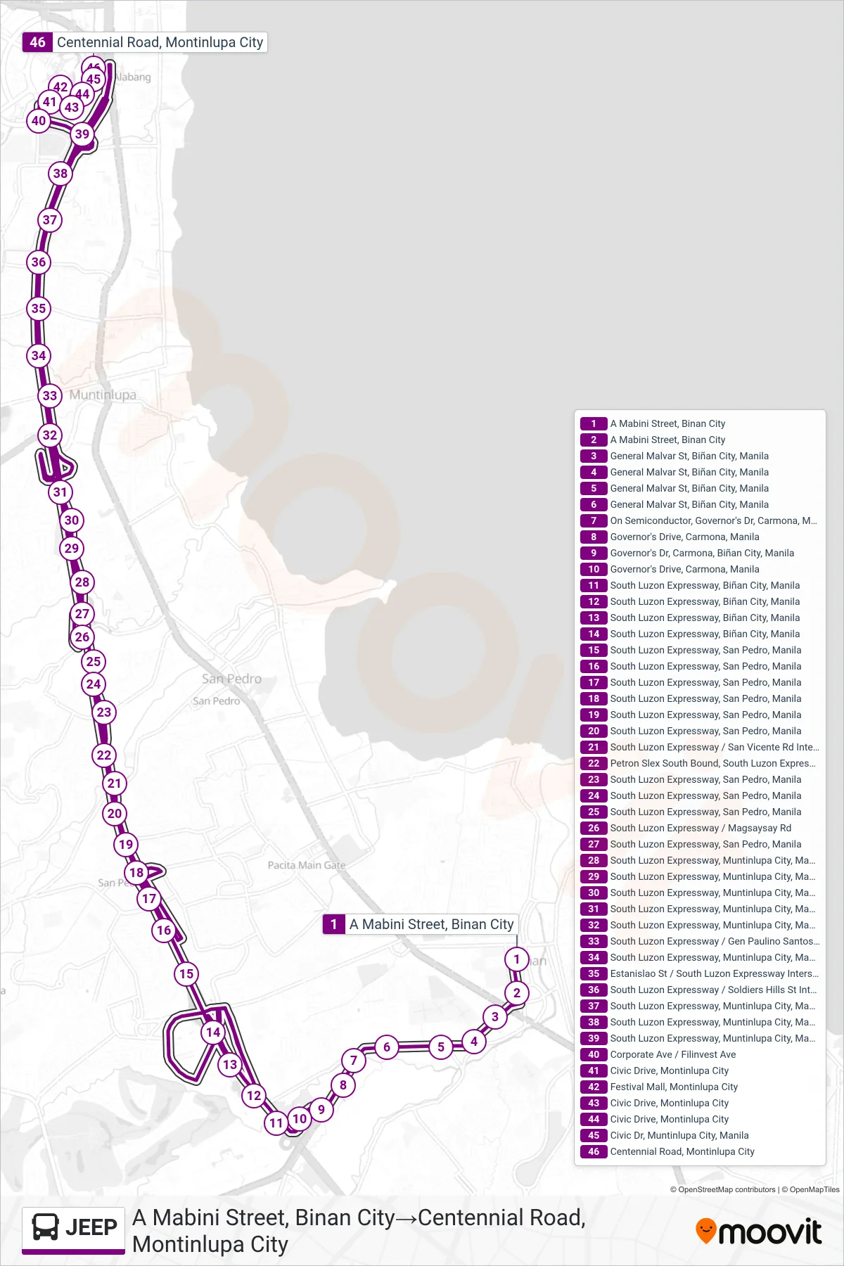 JEEP bus Line (A Mabini Street, Binan City‎→Centennial Road, Montinlupa City) route and stops on a map