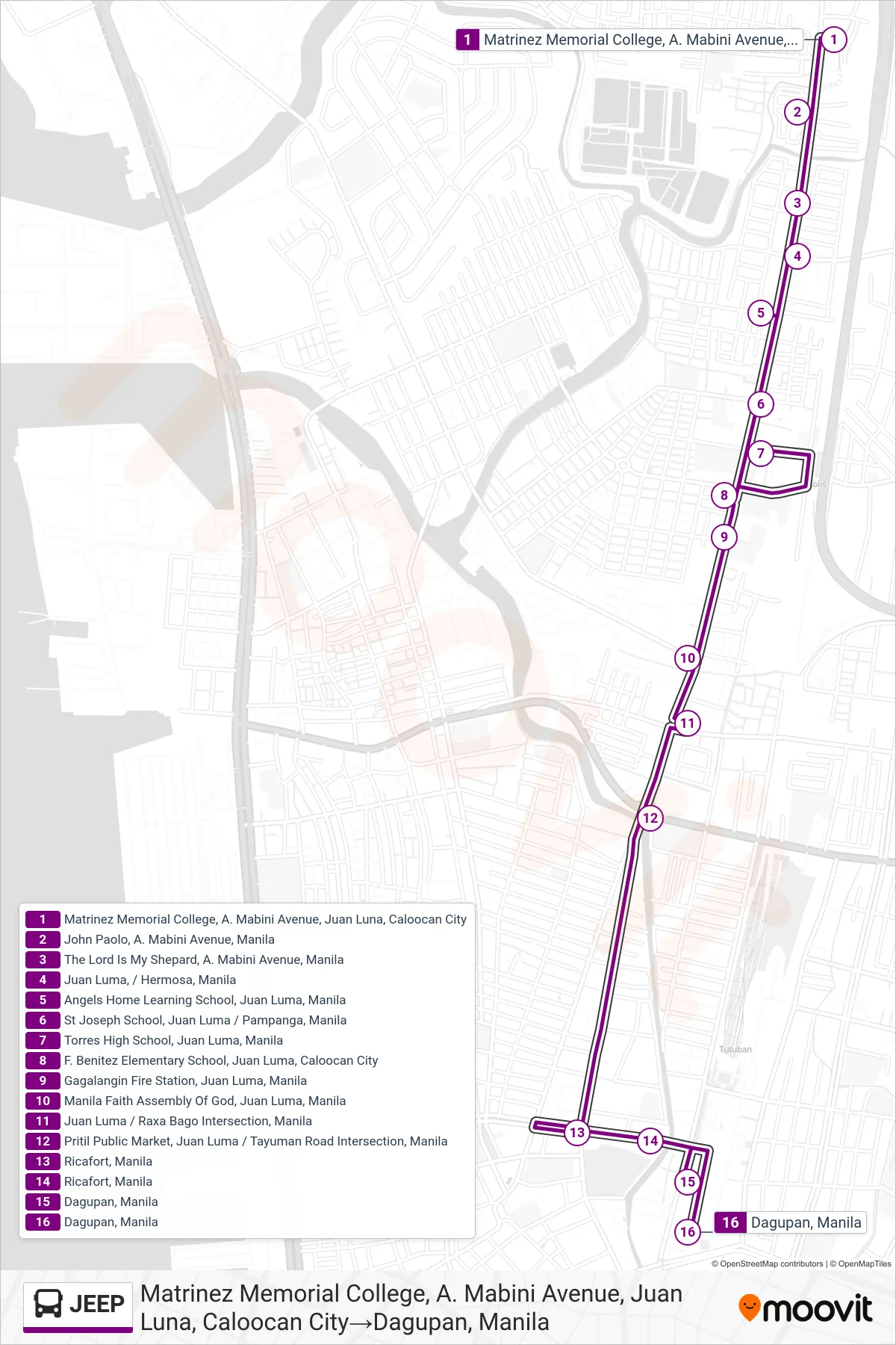 JEEP bus Line (Matrinez Memorial College, A. Mabini Avenue, Juan Luna, Caloocan City→Dagupan, Manila) route and stops on a map