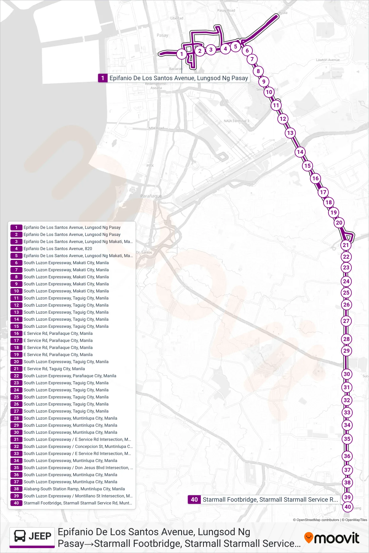 JEEP bus Line (Epifanio De Los Santos Avenue, Lungsod Ng Pasay→Starmall Footbridge, Starmall Starmall Service Rd, Muntinlupa City, Manila) route and stops on a map