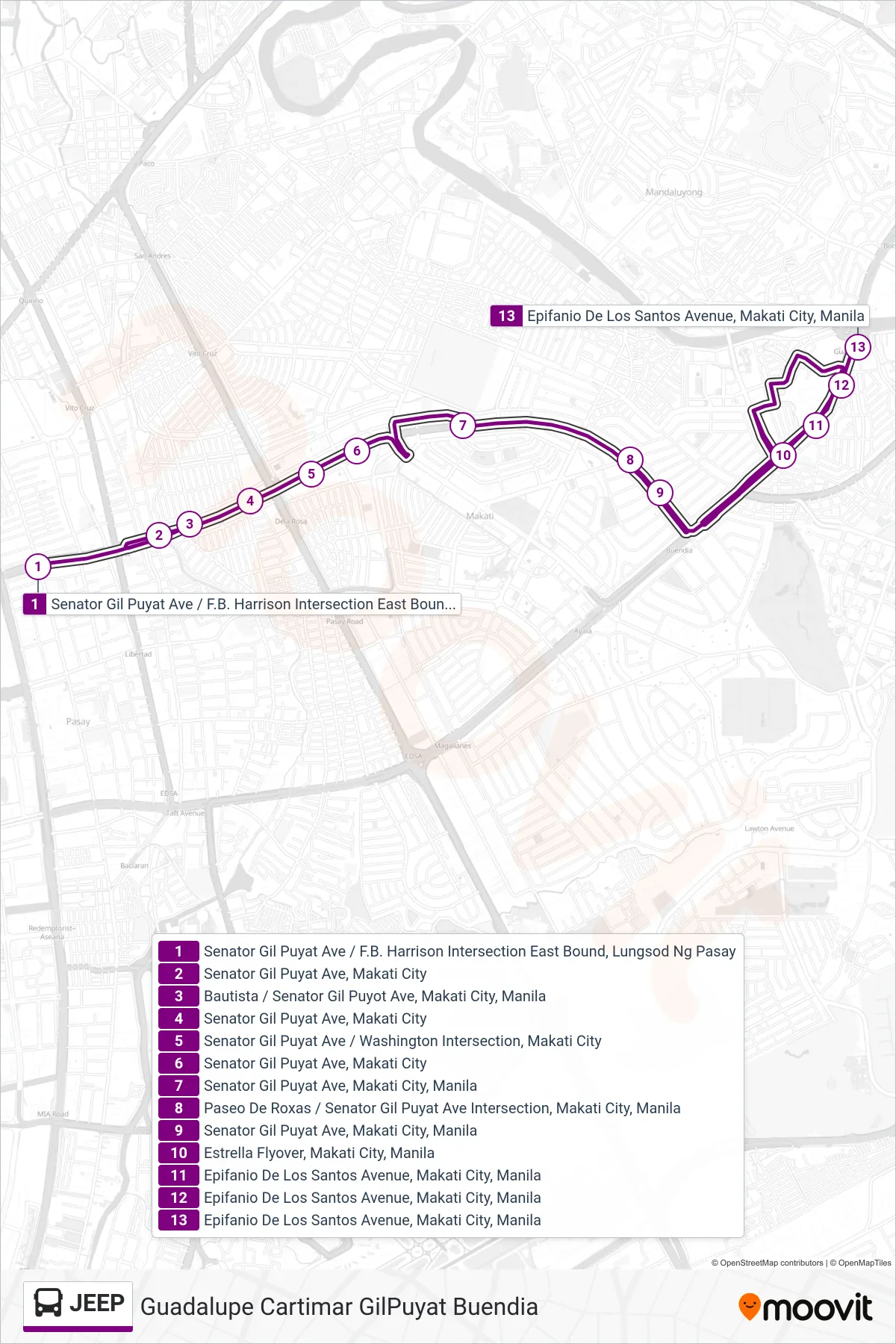 JEEP bus Line (Senator Gil Puyat Ave / F.B. Harrison Intersection East Bound, Lungsod Ng Pasay→Epifanio De Los Santos Avenue, Makati City, Manila) route and stops on a map