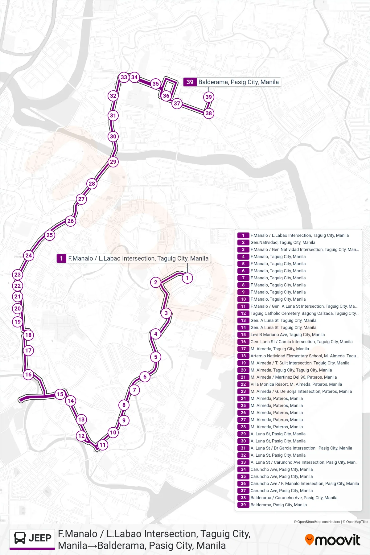 JEEP bus Line (F.Manalo / L.Labao Intersection, Taguig City, Manila→Balderama, Pasig City, Manila) route and stops on a map