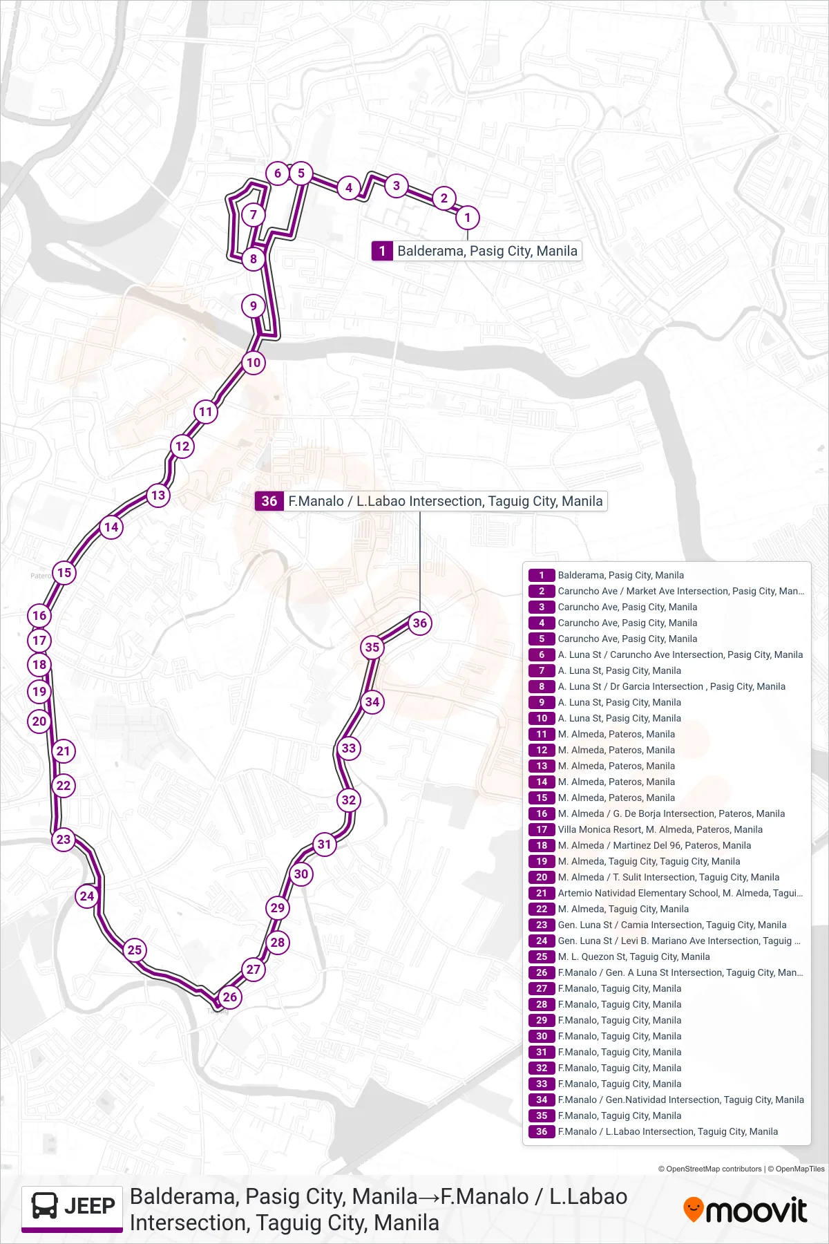 JEEP bus Line (Balderama, Pasig City, Manila‎→F.Manalo / L.Labao Intersection, Taguig City, Manila) route and stops on a map