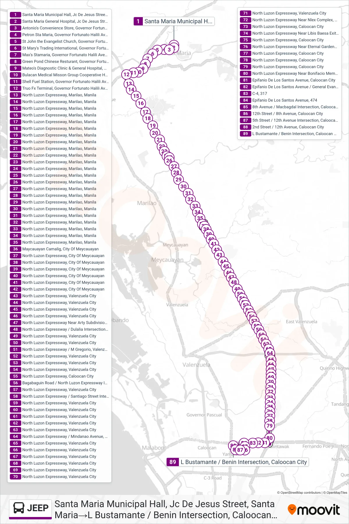 JEEP bus Line (Santa Maria Municipal Hall, Jc De Jesus Street, Santa Maria‎→L Bustamante / Benin Intersection, Caloocan City) route and stops on a map