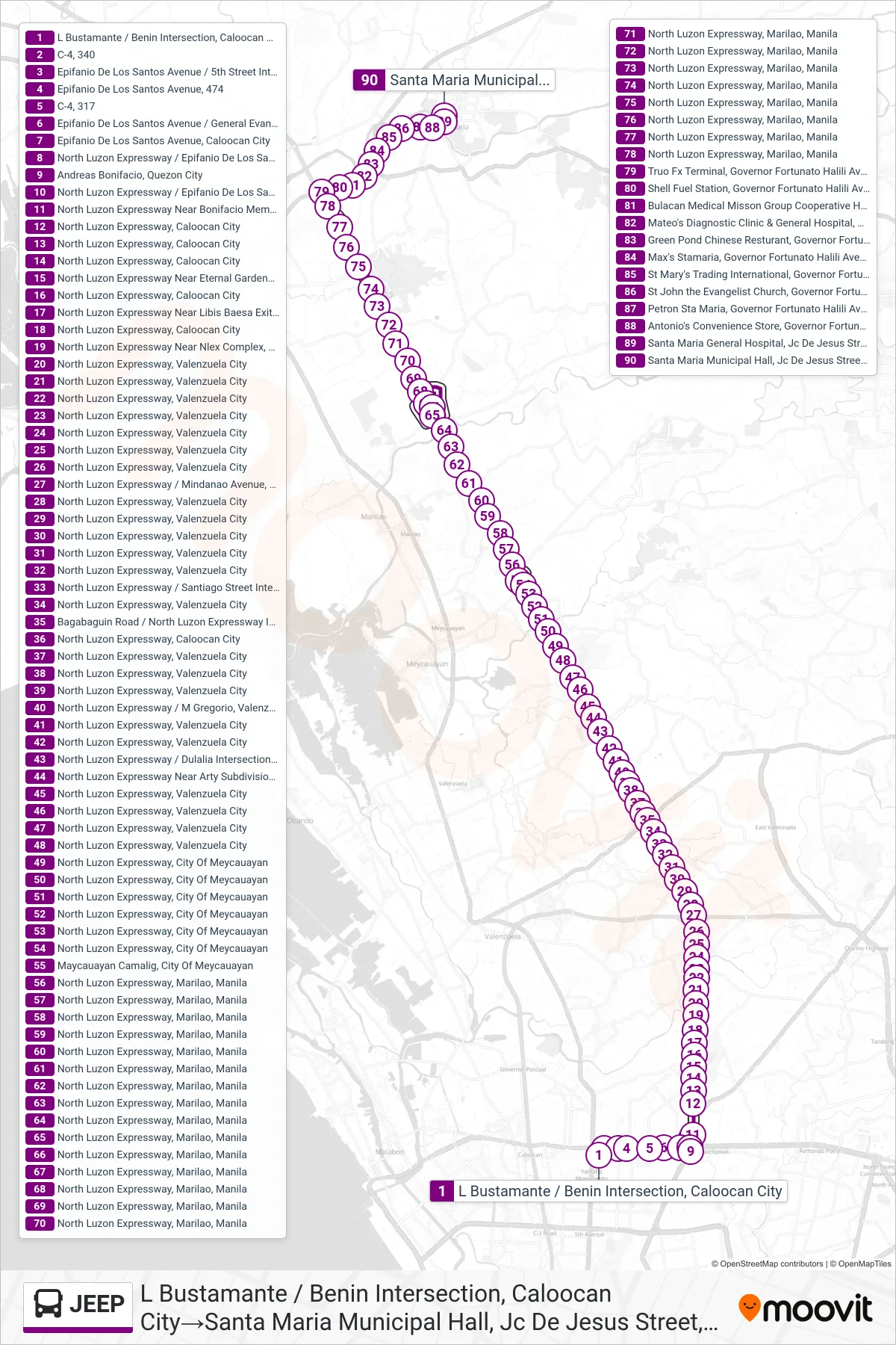 JEEP bus Line (L Bustamante / Benin Intersection, Caloocan City‎→Santa Maria Municipal Hall, Jc De Jesus Street, Santa Maria) route and stops on a map