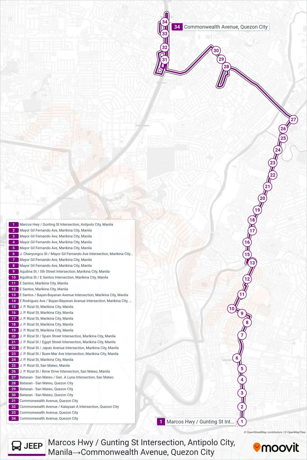JEEP bus Line (Marcos Hwy / Gunting St Intersection, Antipolo City, Manila→Commonwealth Avenue, Quezon City) route and stops on a map