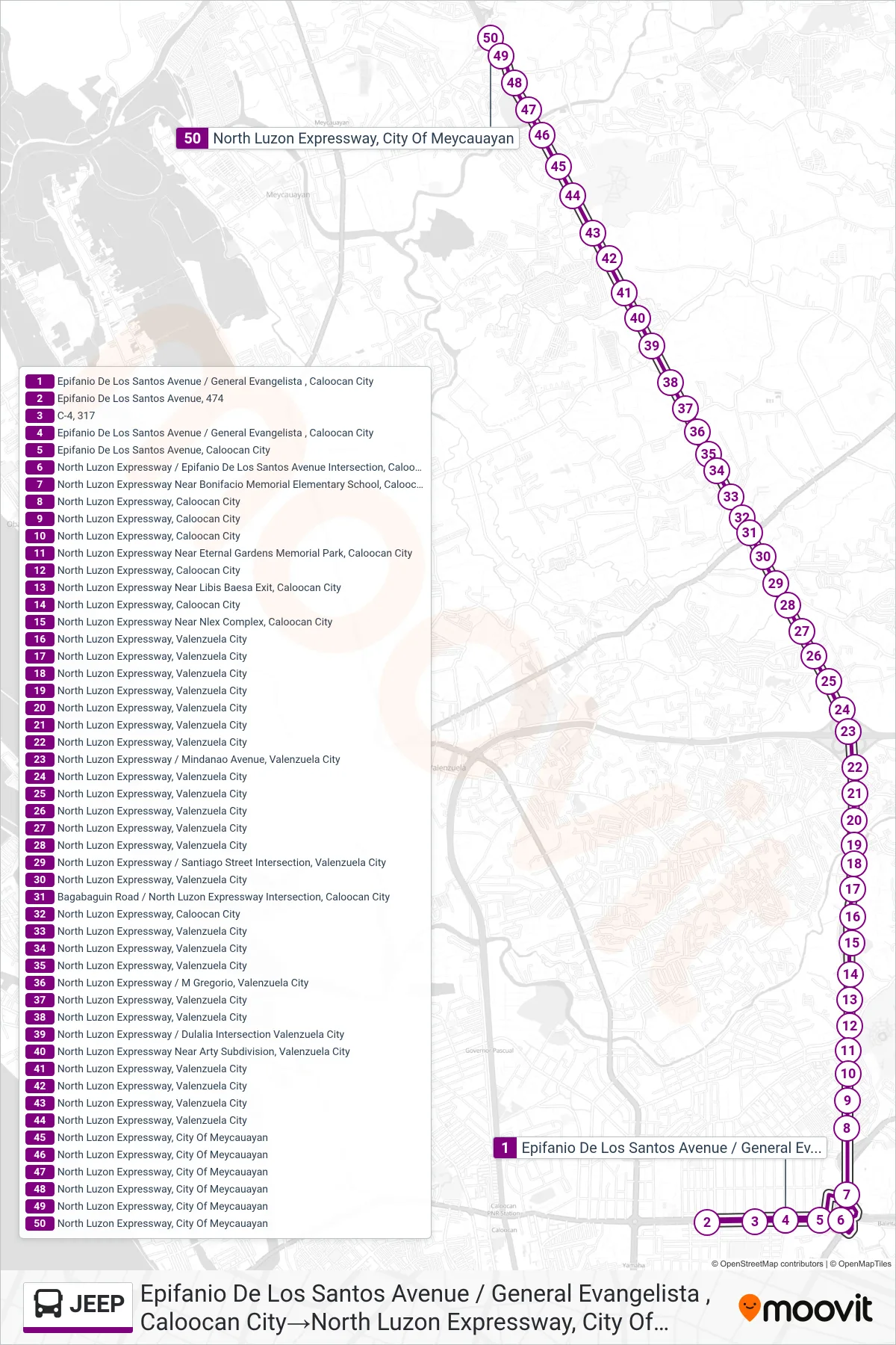 JEEP bus Line (Epifanio De Los Santos Avenue / General Evangelista , Caloocan City→North Luzon Expressway, City Of Meycauayan) route and stops on a map