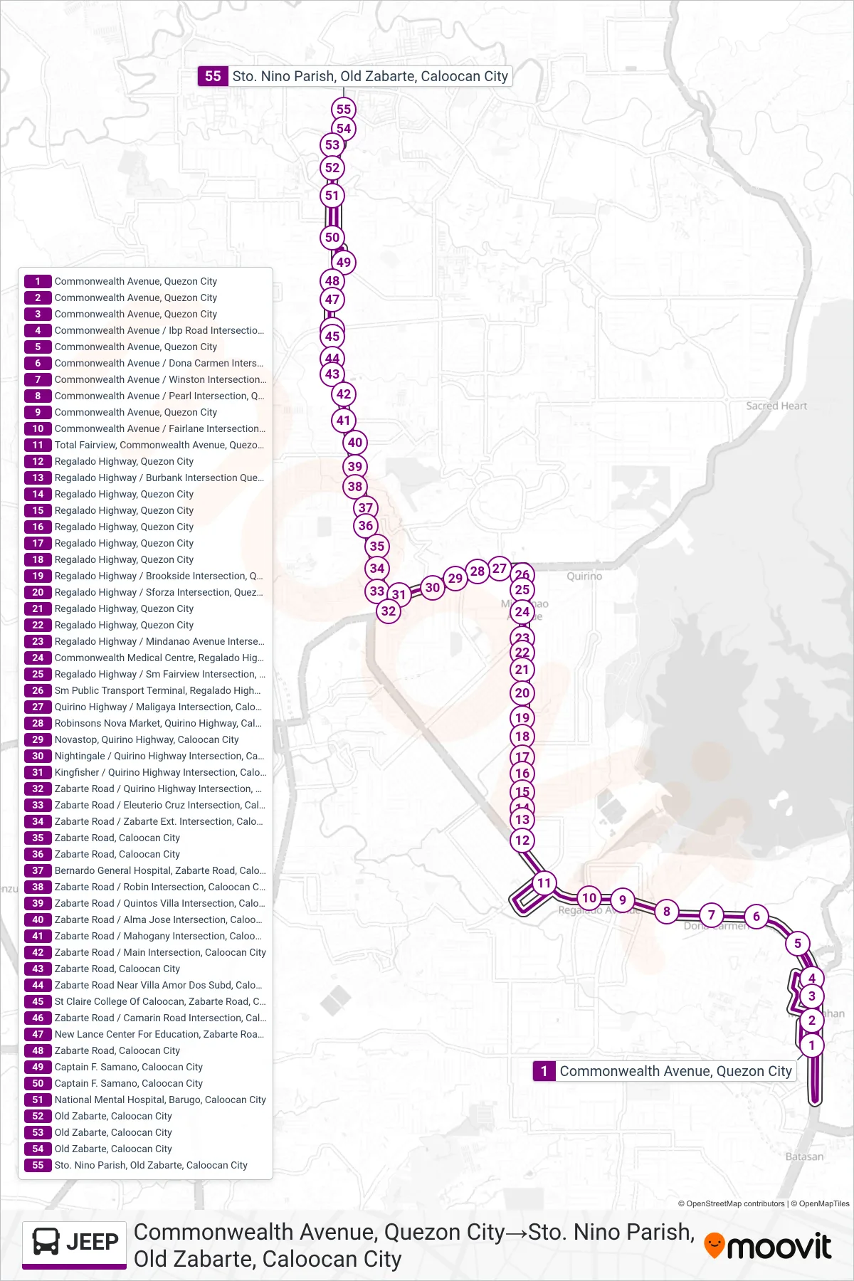 JEEP bus Line (Commonwealth Avenue, Quezon City→Sto. Nino Parish, Old Zabarte, Caloocan City) route and stops on a map