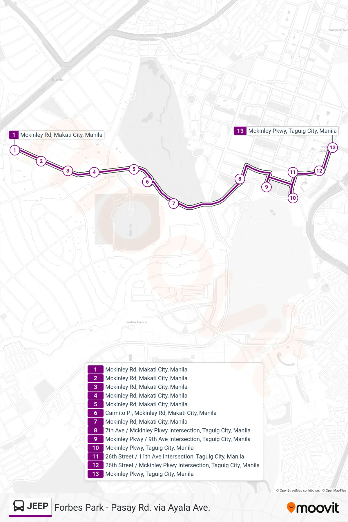 JEEP bus Line (Mckinley Rd, Makati City, Manila→Mckinley Pkwy, Taguig City, Manila) route and stops on a map