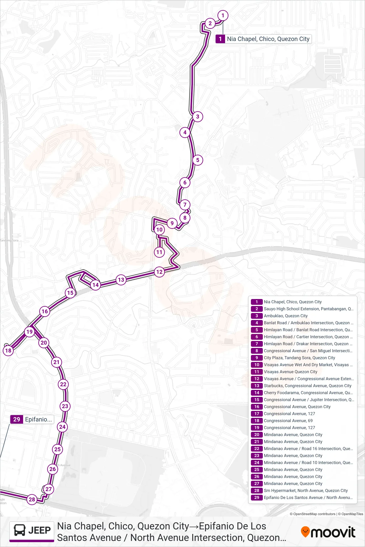 JEEP bus Line (Nia Chapel, Chico, Quezon City→Epifanio De Los Santos Avenue / North Avenue Intersection, Quezon City) route and stops on a map