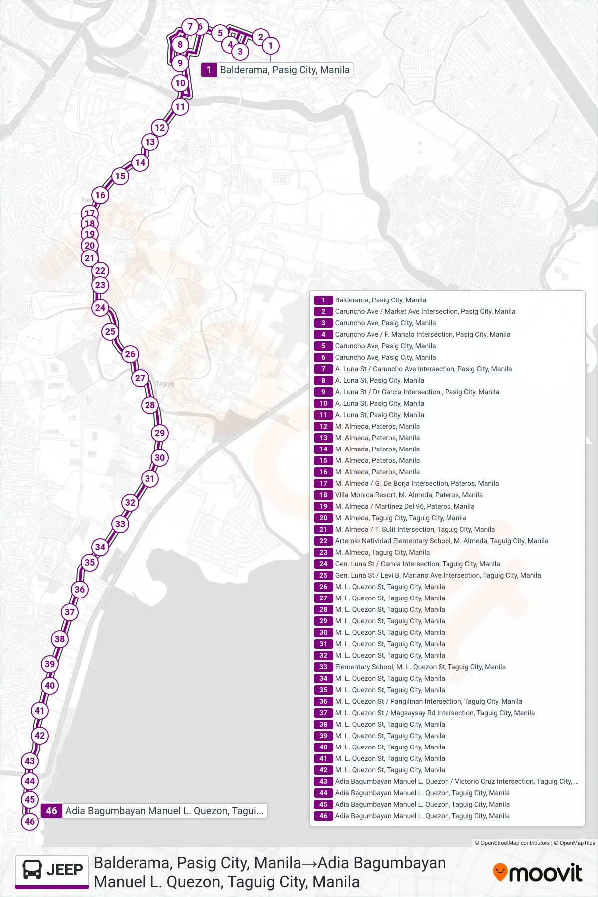 JEEP bus Line (Balderama, Pasig City, Manila→Adia Bagumbayan Manuel L. Quezon, Taguig City, Manila) route and stops on a map