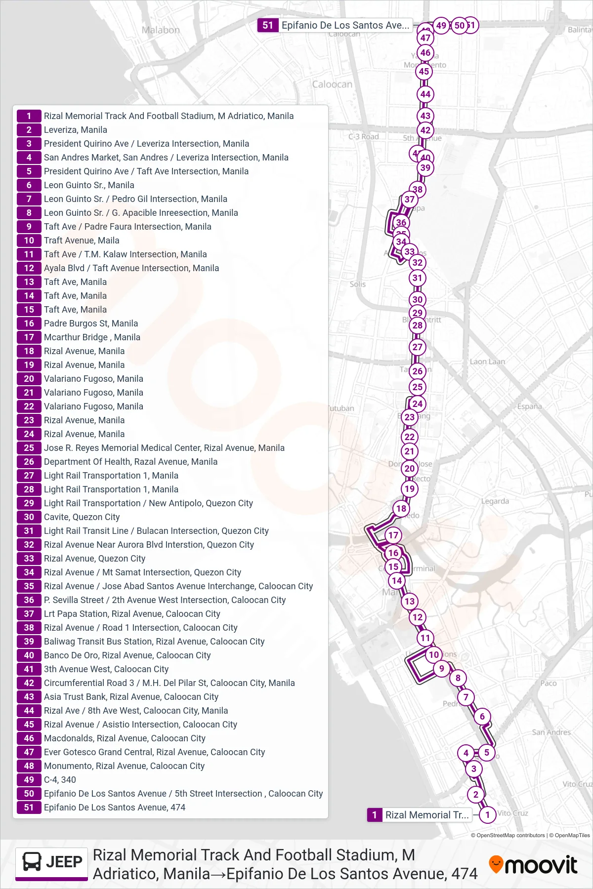 JEEP bus Line (Rizal Memorial Track And Football Stadium, M Adriatico, Manila→Epifanio De Los Santos Avenue, 474) route and stops on a map