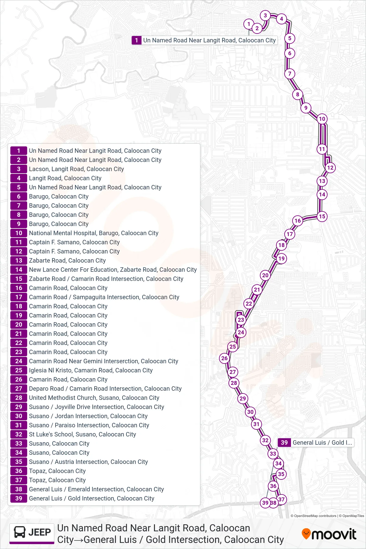 JEEP bus Line (Un Named Road Near Langit Road, Caloocan City‎→General Luis / Gold Intersection, Caloocan City) route and stops on a map