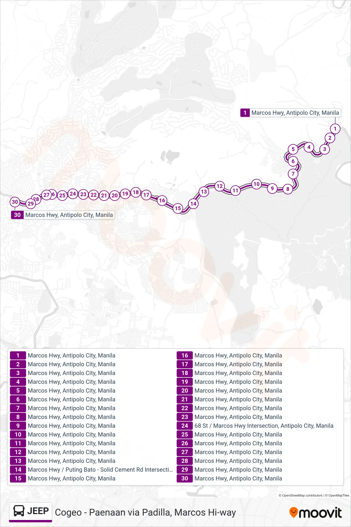 JEEP bus Line (Marcos Hwy, Antipolo City, Manila‎→Marcos Hwy, Antipolo City, Manila) route and stops on a map