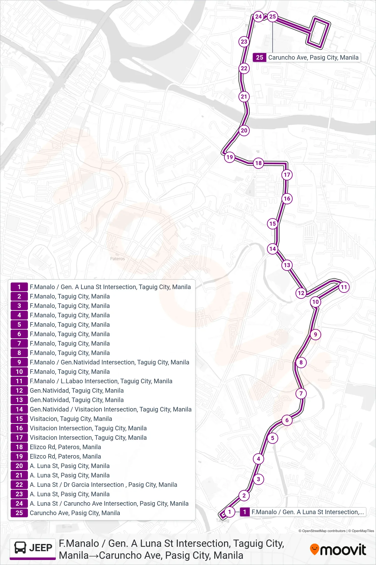 JEEP bus Line (F.Manalo / Gen. A Luna St Intersection, Taguig City, Manila‎→Caruncho Ave, Pasig City, Manila) route and stops on a map