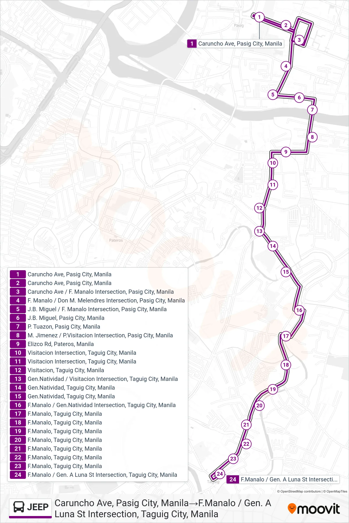 JEEP bus Line (Caruncho Ave, Pasig City, Manila→F.Manalo / Gen. A Luna St Intersection, Taguig City, Manila) route and stops on a map