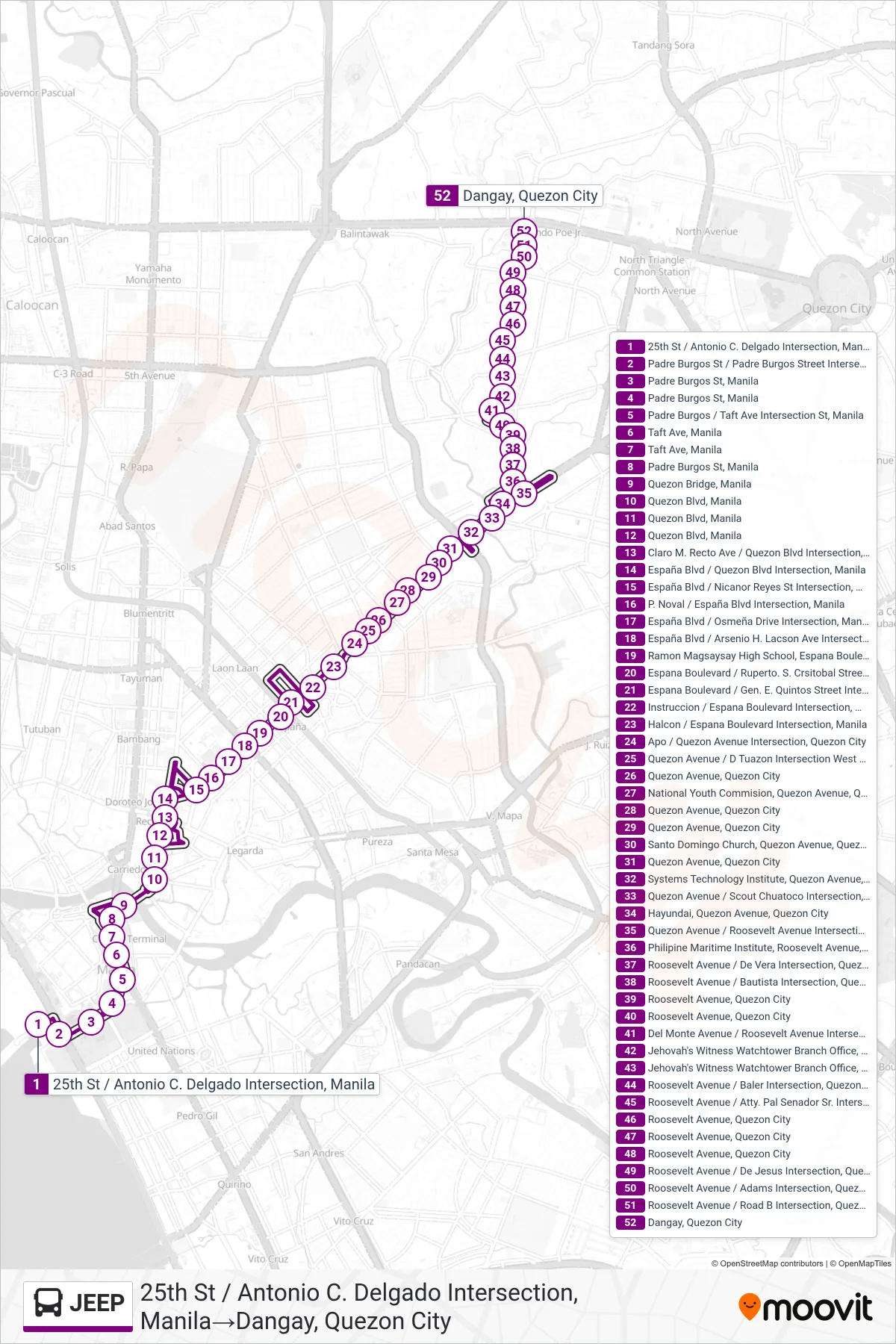 JEEP bus Line (25th St / Antonio C. Delgado Intersection, Manila→Dangay, Quezon City) route and stops on a map