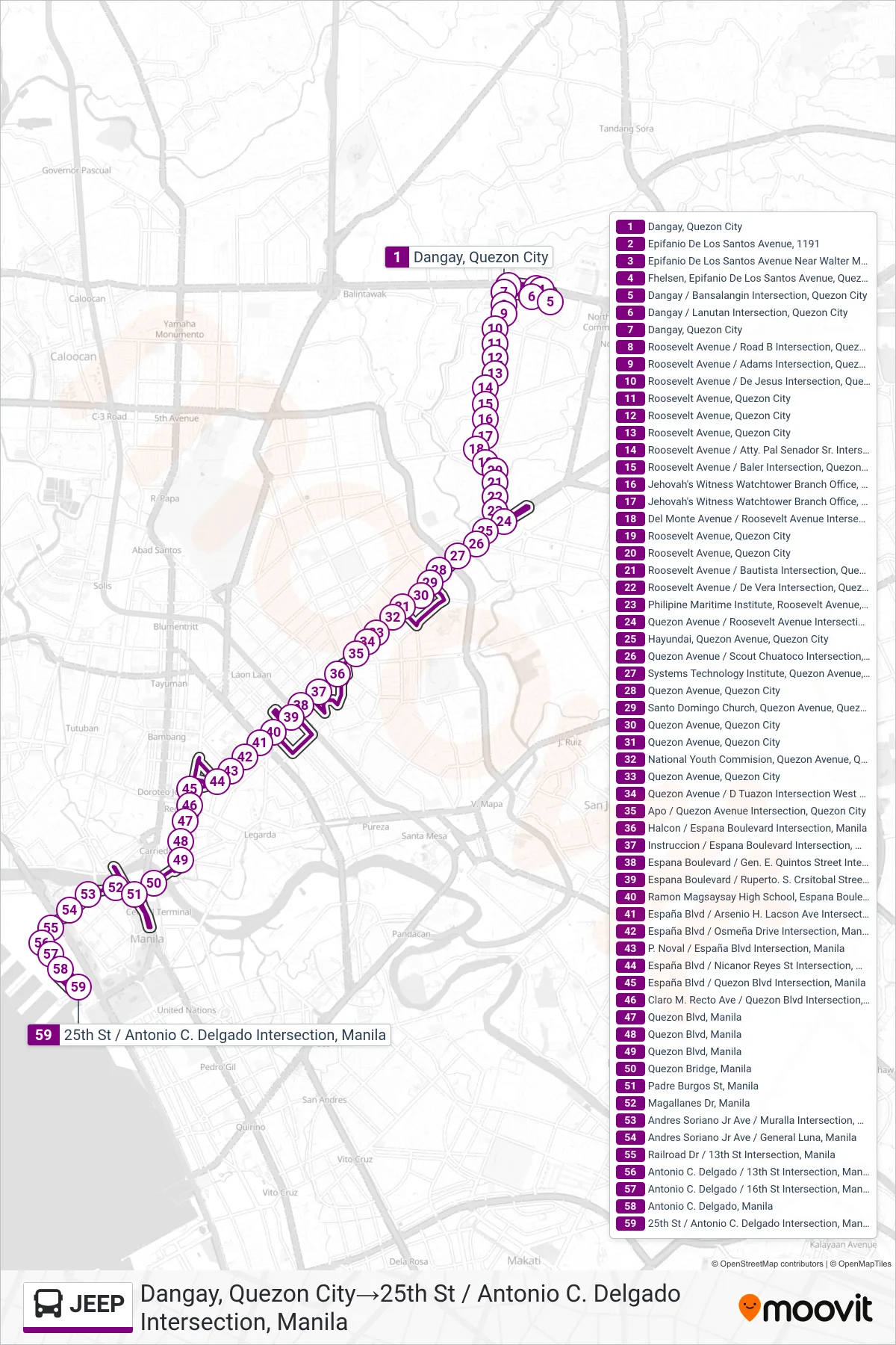 JEEP bus Line (Dangay, Quezon City→25th St / Antonio C. Delgado Intersection, Manila) route and stops on a map