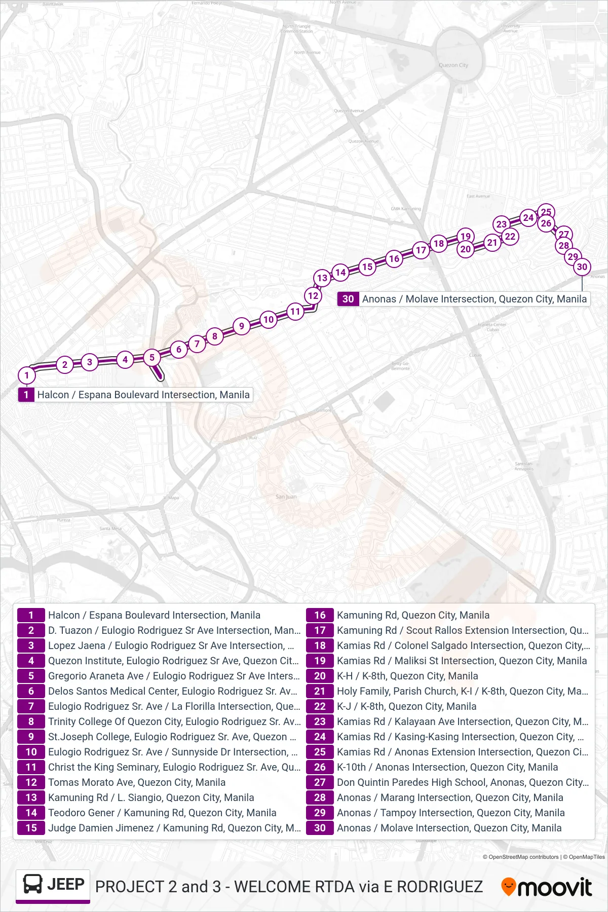 JEEP bus Line (Halcon / Espana Boulevard Intersection, Manila→Anonas / Molave Intersection, Quezon City, Manila) route and stops on a map