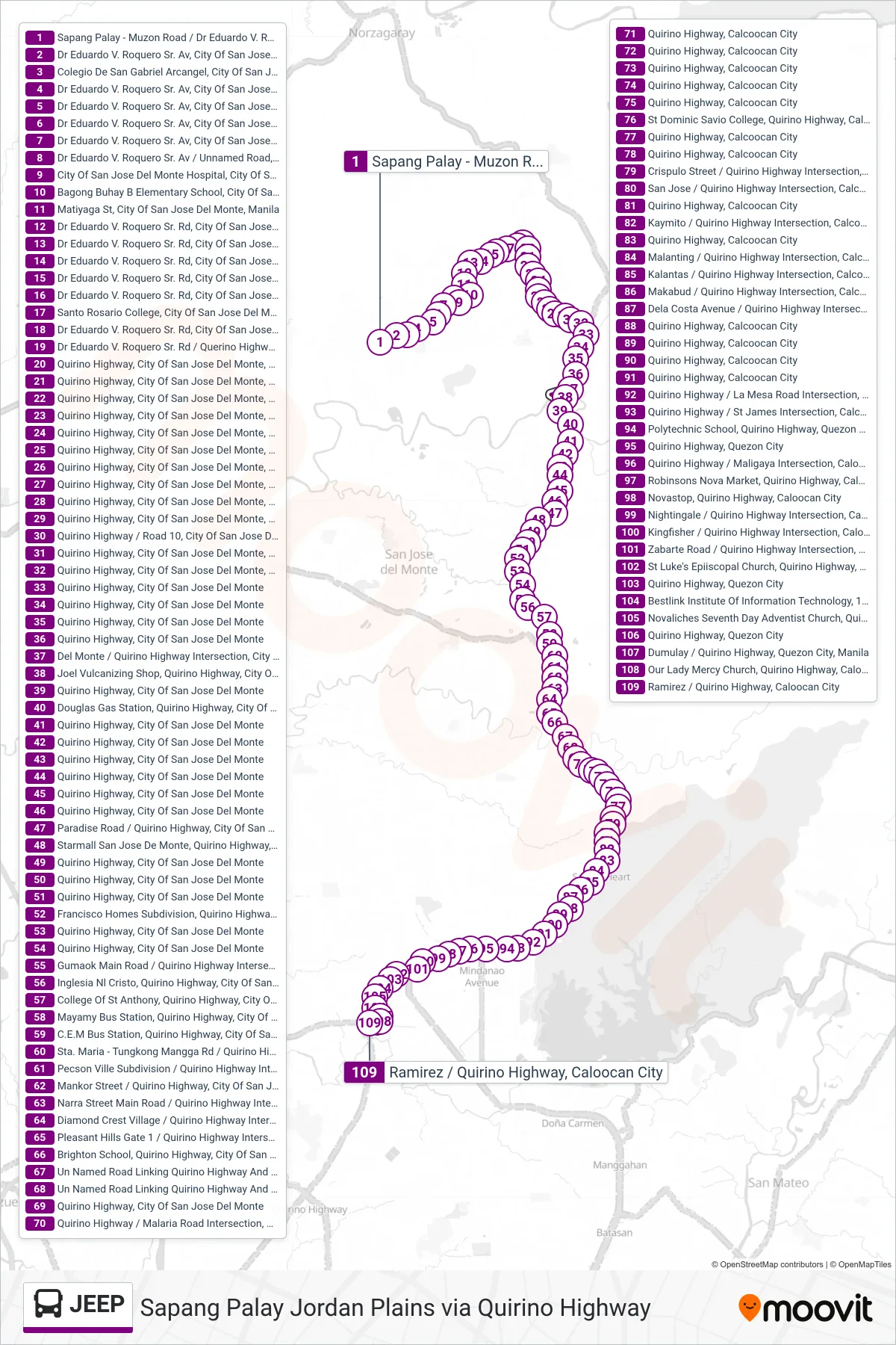 JEEP bus Line (Sapang Palay - Muzon Road / Dr Eduardo V. Roquero Sr. Rd, City Of San Jose Del Monte, Manila‎→Ramirez / Quirino Highway, Caloocan City) route and stops on a map