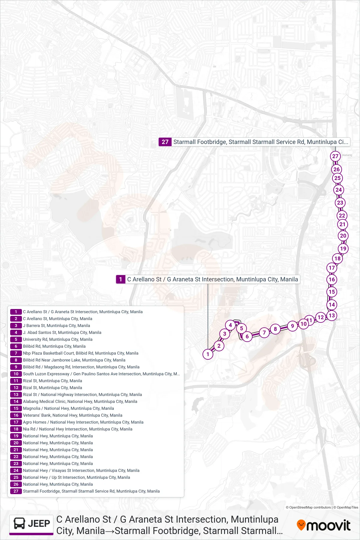 JEEP bus Line (C Arellano St / G Araneta St Intersection, Muntinlupa City, Manila‎→Starmall Footbridge, Starmall Starmall Service Rd, Muntinlupa City, Manila) route and stops on a map