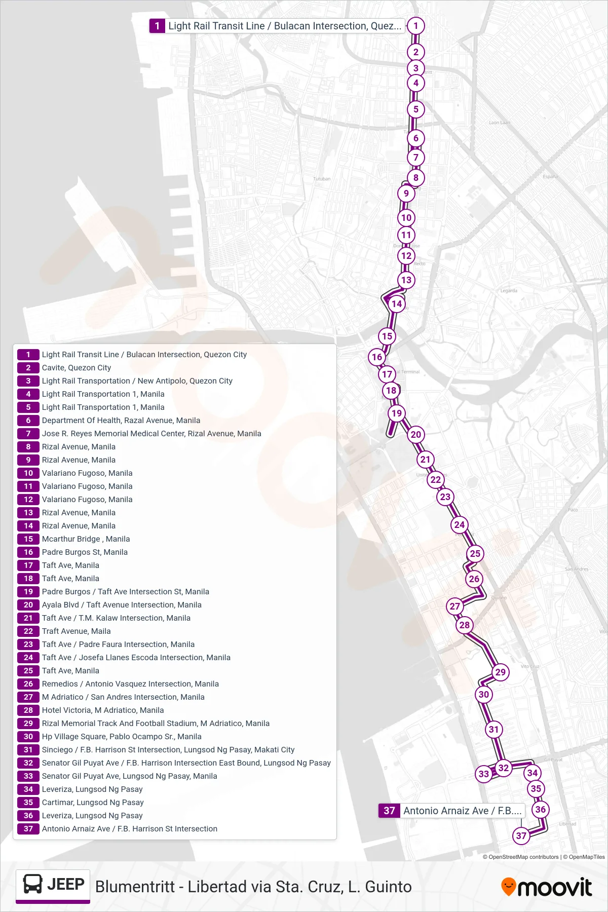 JEEP bus Line (Light Rail Transit Line / Bulacan Intersection, Quezon City‎→Antonio Arnaiz Ave / F.B. Harrison St Intersection) route and stops on a map