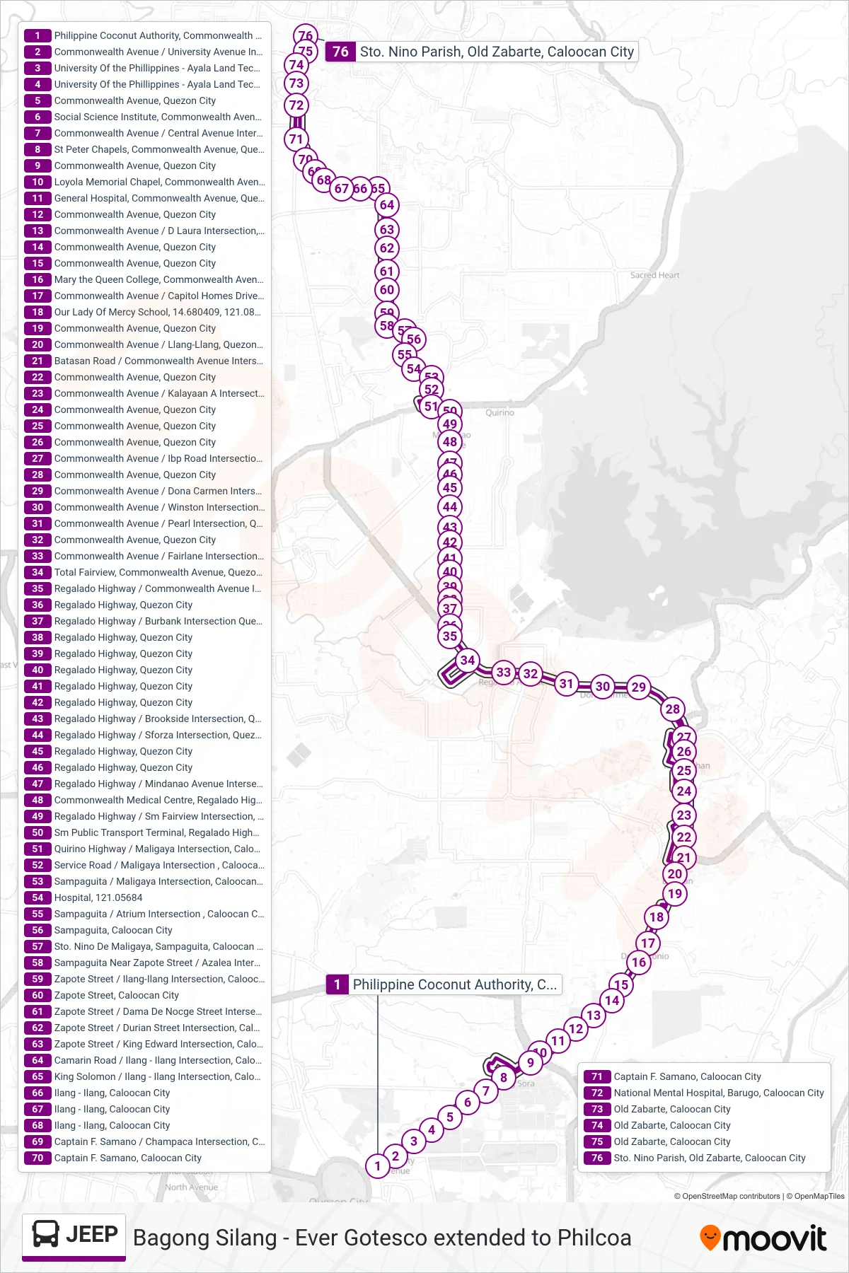 JEEP bus Line (Philippine Coconut Authority, Commonwealth Avenue, Quezon City→Sto. Nino Parish, Old Zabarte, Caloocan City) route and stops on a map