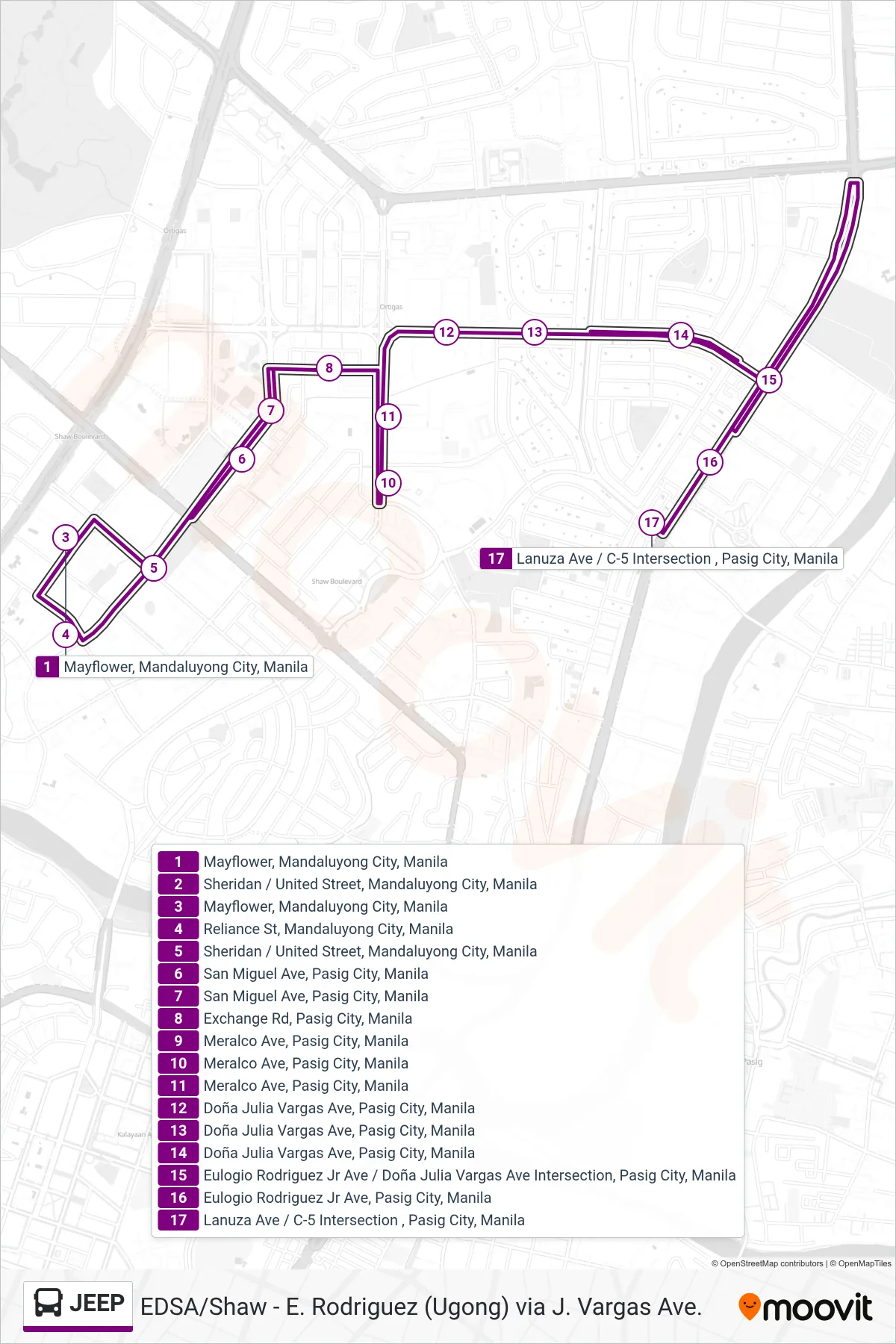 JEEP bus Line (Mayflower, Mandaluyong City, Manila‎→Lanuza Ave / C-5 Intersection , Pasig City, Manila) route and stops on a map