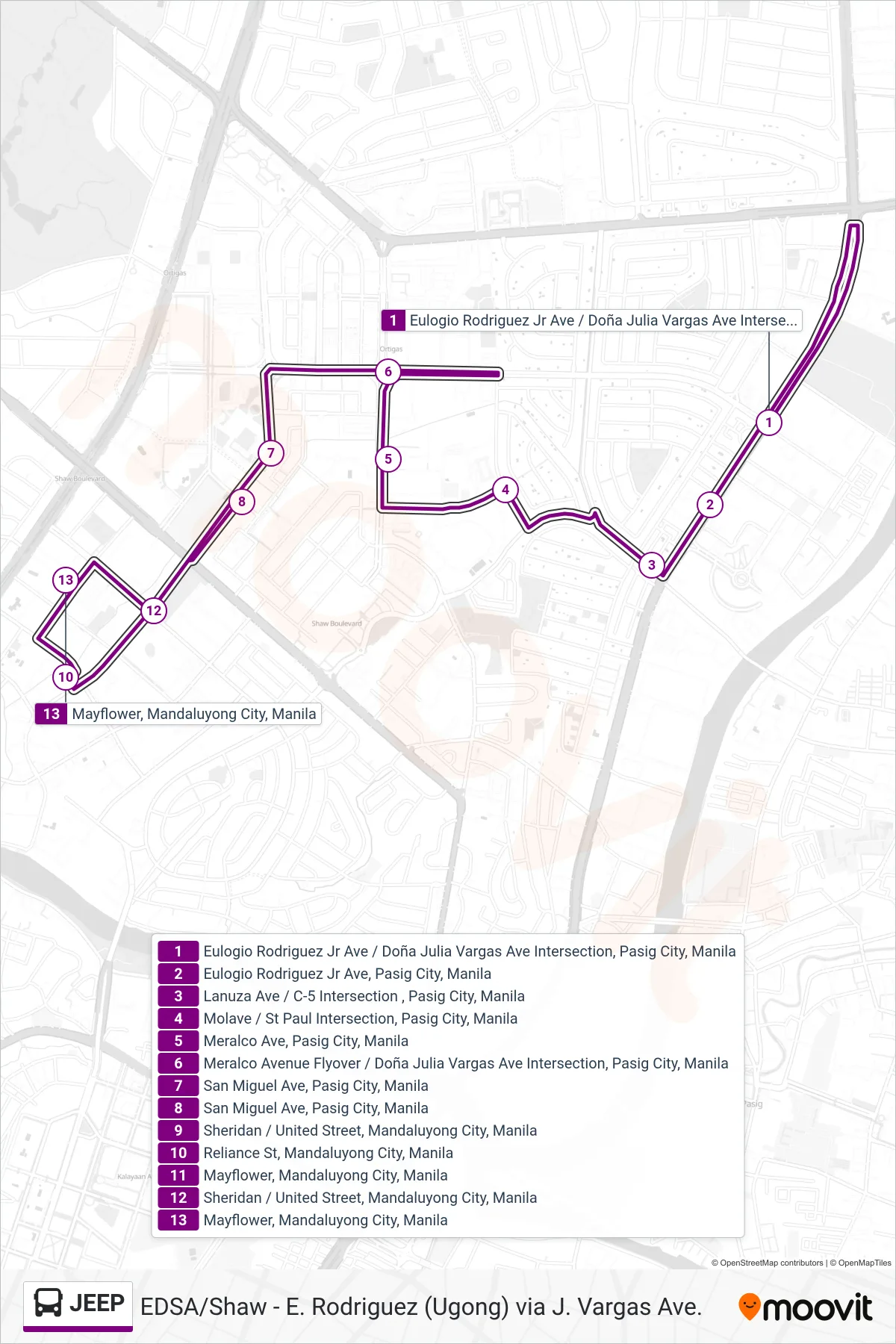 JEEP bus Line (Eulogio Rodriguez Jr Ave / Doña Julia Vargas Ave Intersection, Pasig City, Manila→Mayflower, Mandaluyong City, Manila) route and stops on a map