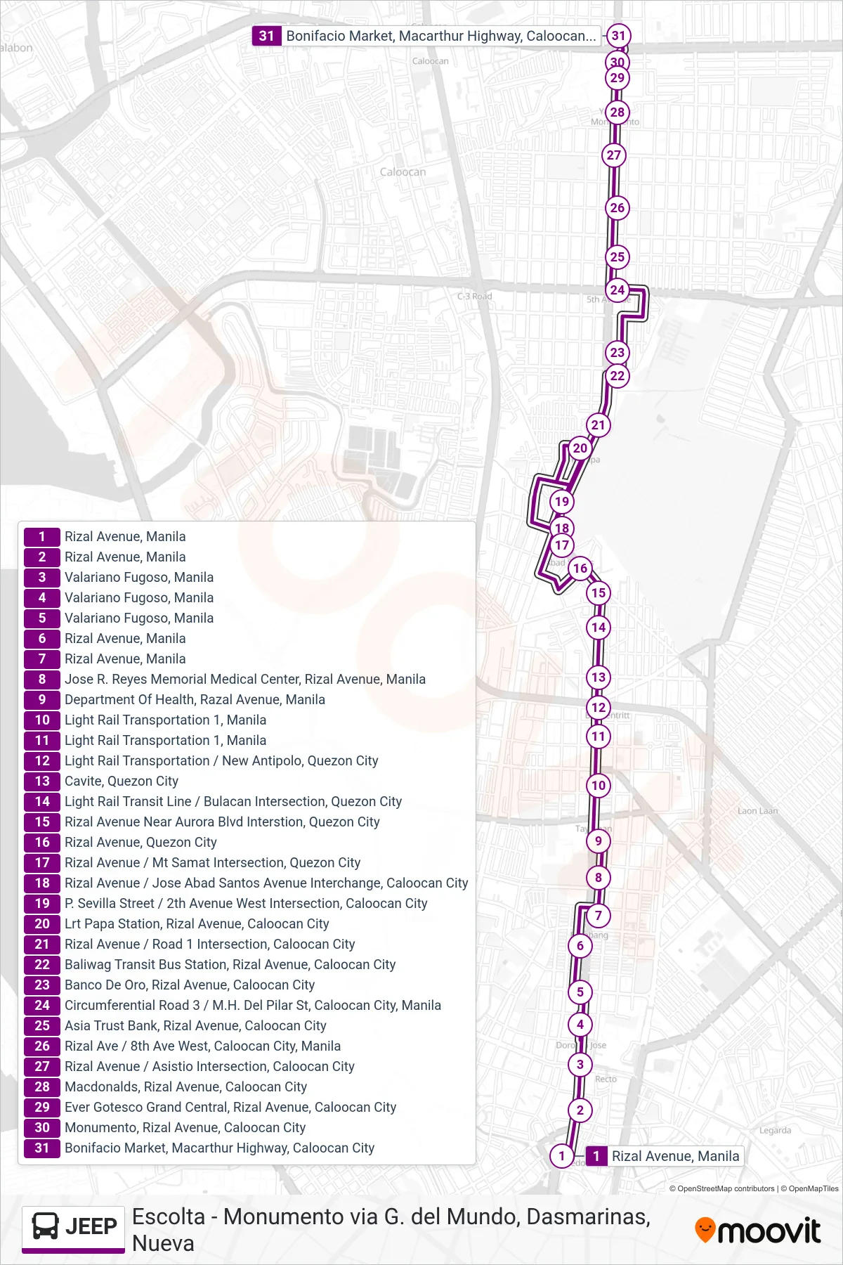 JEEP bus Line (Rizal Avenue, Manila‎→Bonifacio Market, Macarthur Highway, Caloocan City) route and stops on a map