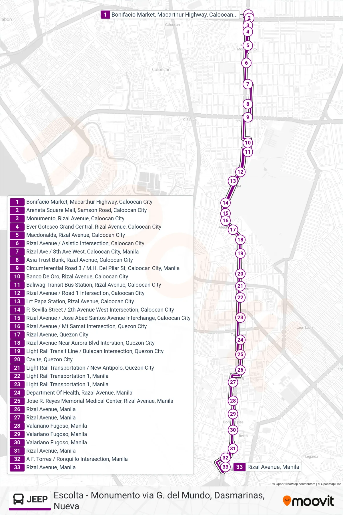 JEEP bus Line (Bonifacio Market, Macarthur Highway, Caloocan City→Rizal Avenue, Manila) route and stops on a map