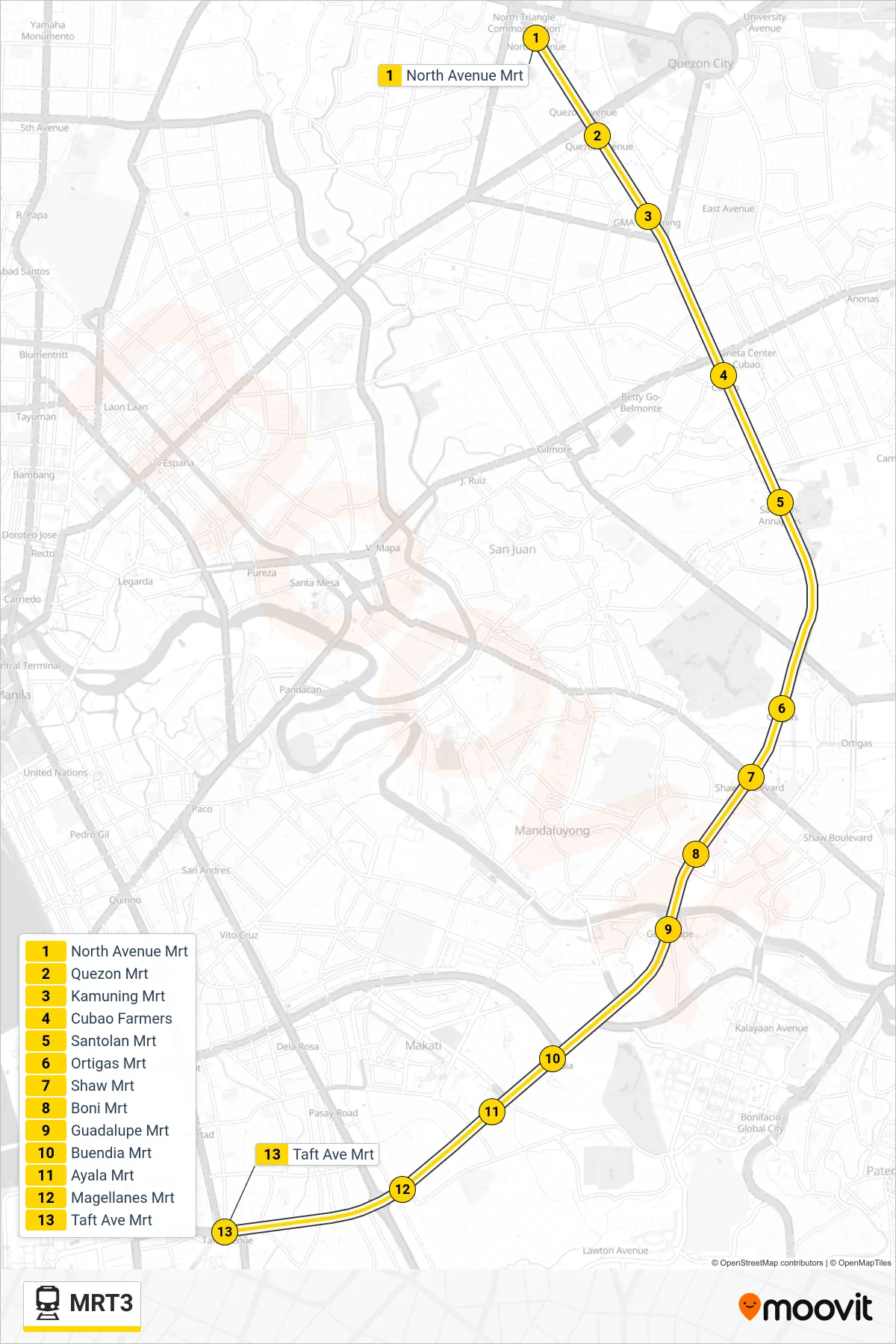 MRT3 train Line (North Avenue) route and stops on a map