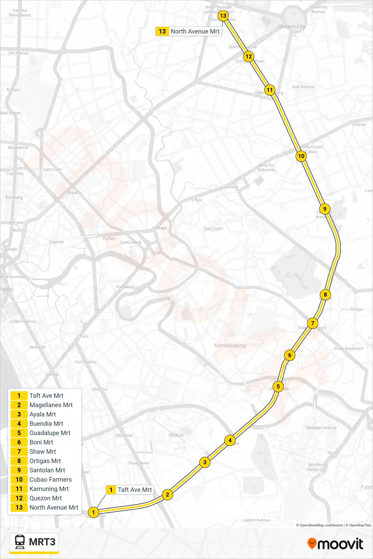 MRT3 train Line (Taft Avenue) route and stops on a map