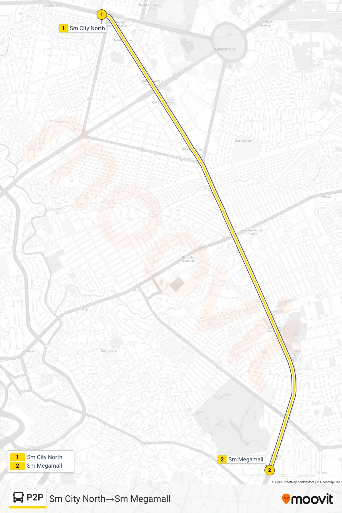 P2P bus Line (Sm City North‎→Sm Megamall) route and stops on a map