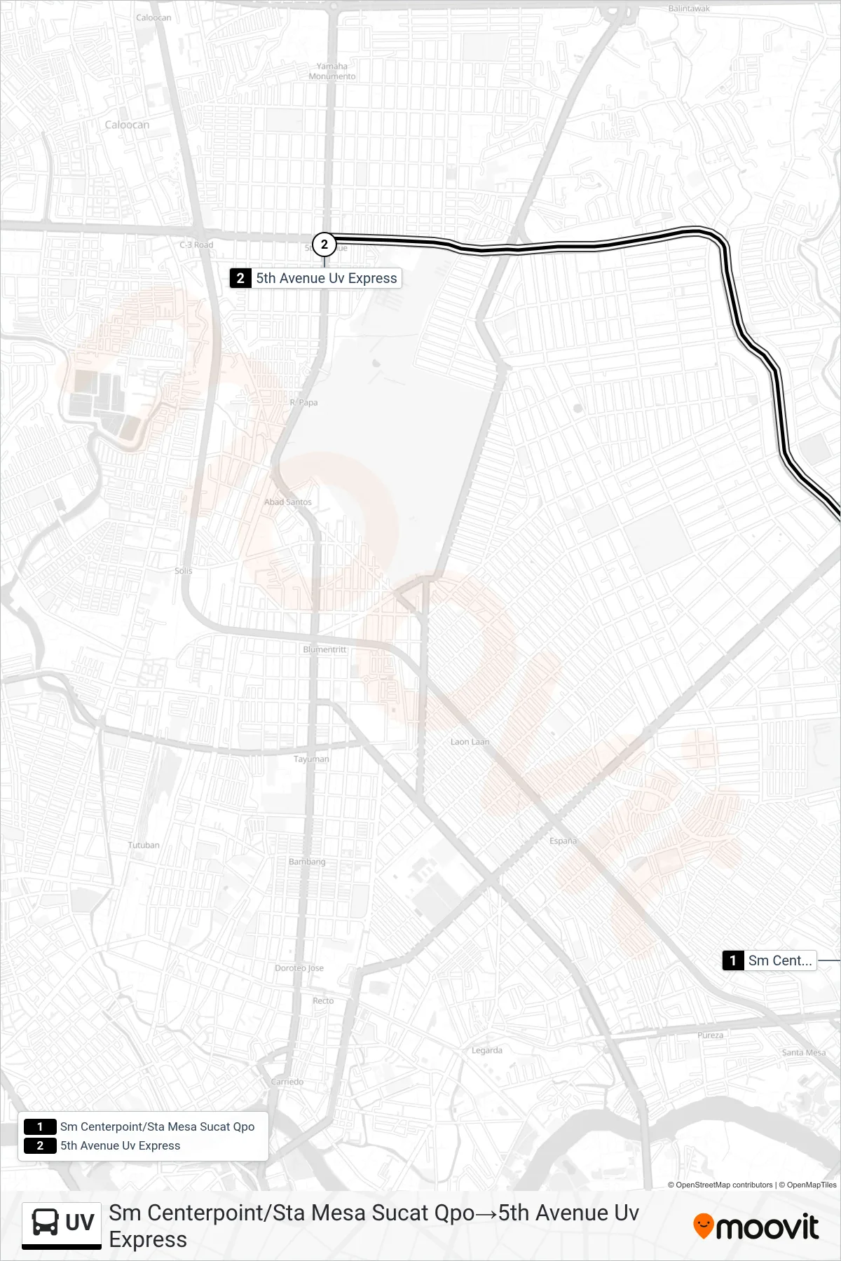 UV bus Line (Sm Centerpoint/Sta Mesa Sucat Qpo→5th Avenue Uv Express) route and stops on a map