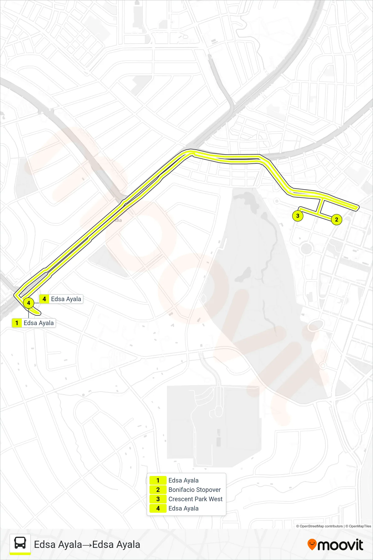 UPPER WEST EXPRESS bus Line (Edsa Ayala‎→Edsa Ayala) route and stops on a map