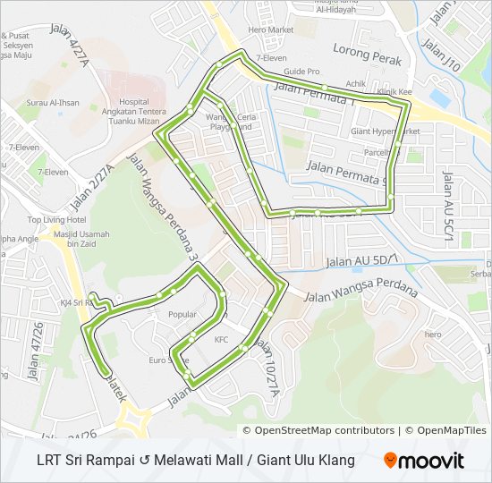 T221路线 日程 站点和地图 Lrt Sri Rampai Melawati Mall Giant Ulu Klang