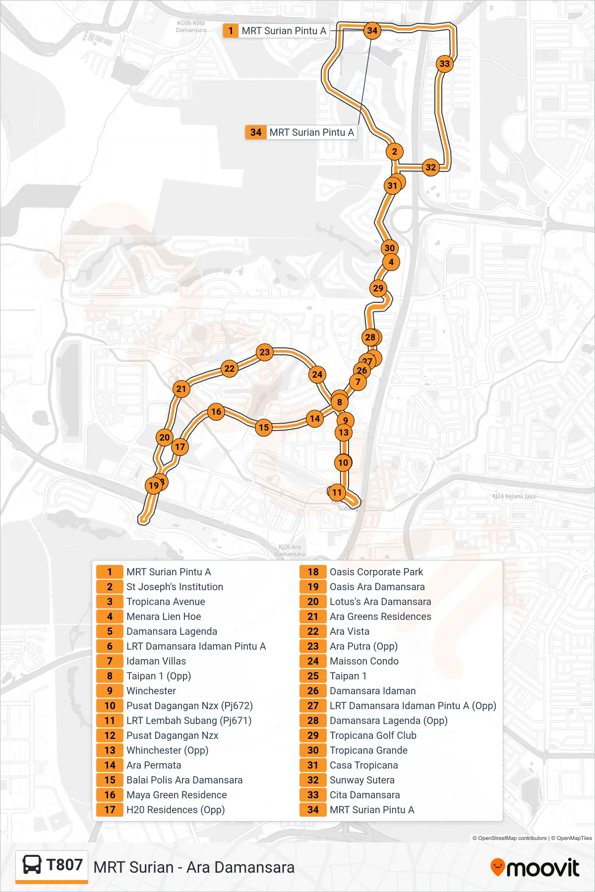 Route Map - T807 - MRT Surian - Ara Damansara - Stops