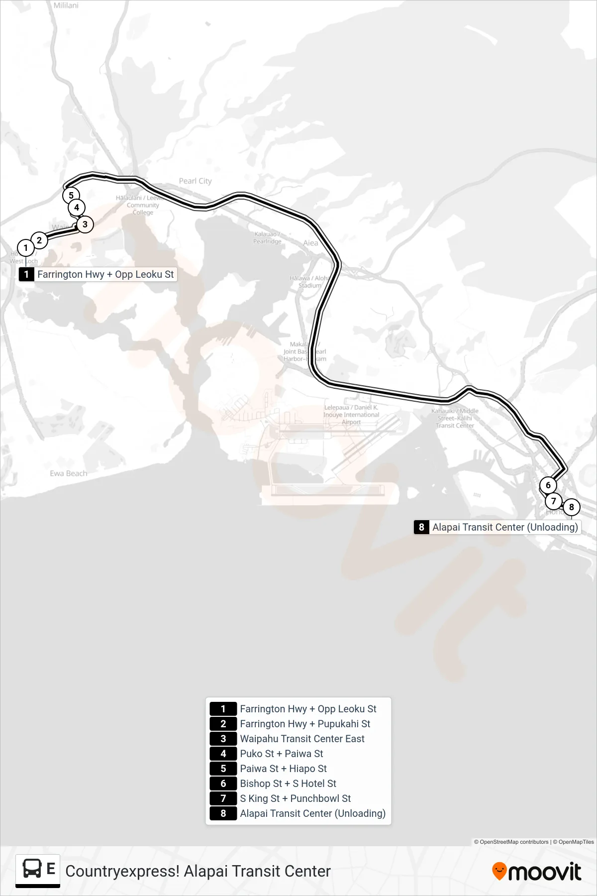 E bus Line (Countryexpress! Alapai Transit Center) route and stops on a map
