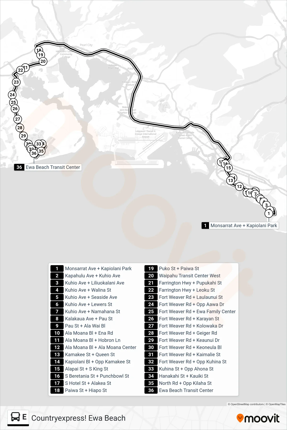 E bus Line (Countryexpress! Ewa Beach) route and stops on a map