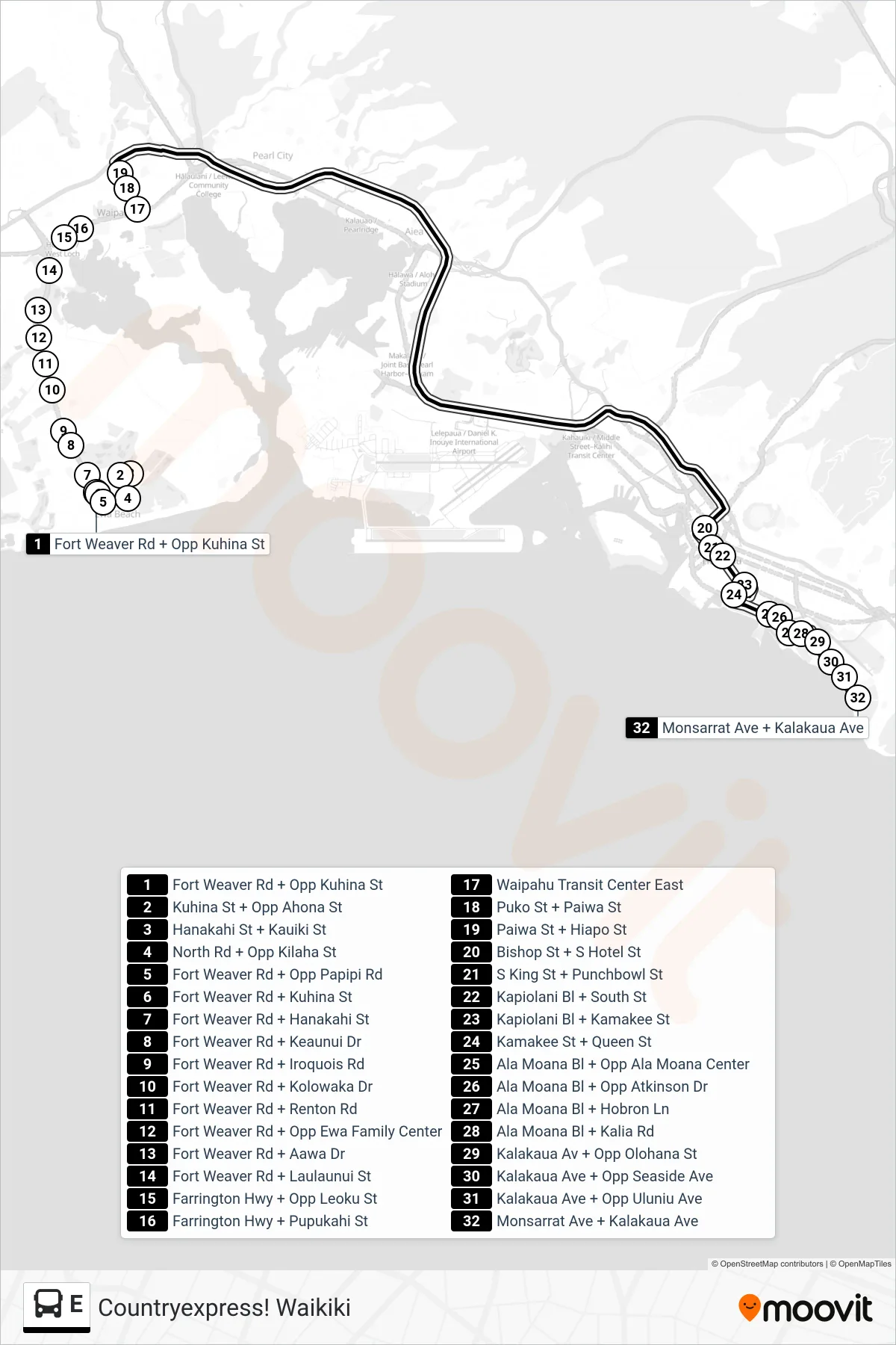 E bus Line (Countryexpress! Waikiki) route and stops on a map