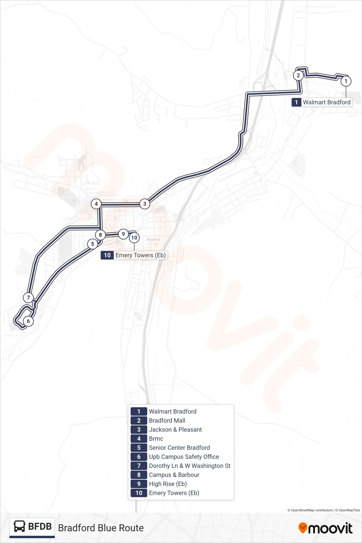 BFDB bus Line (Bradford Blue Route) route and stops on a map