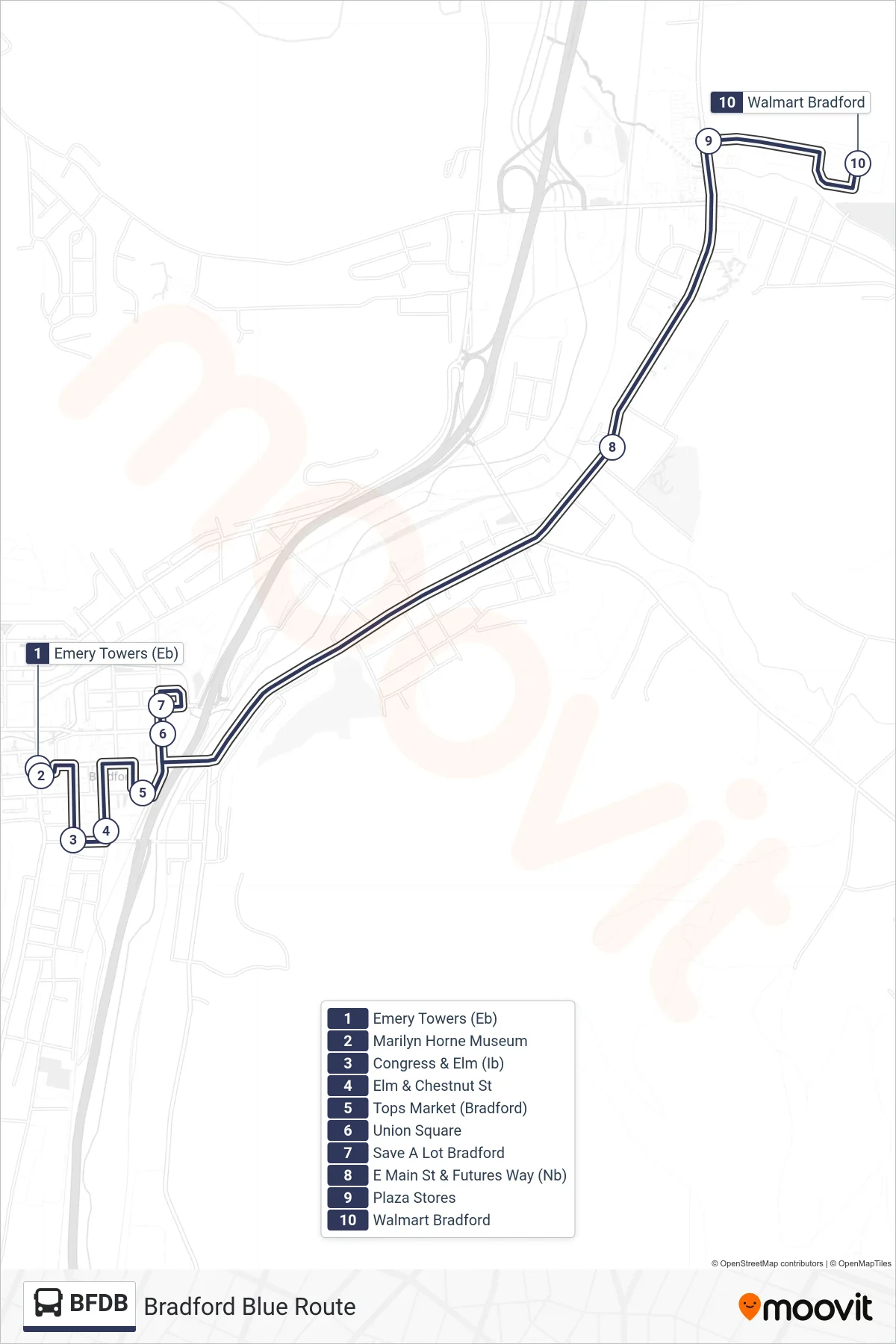 BFDB bus Line (Bradford Blue Route) route and stops on a map