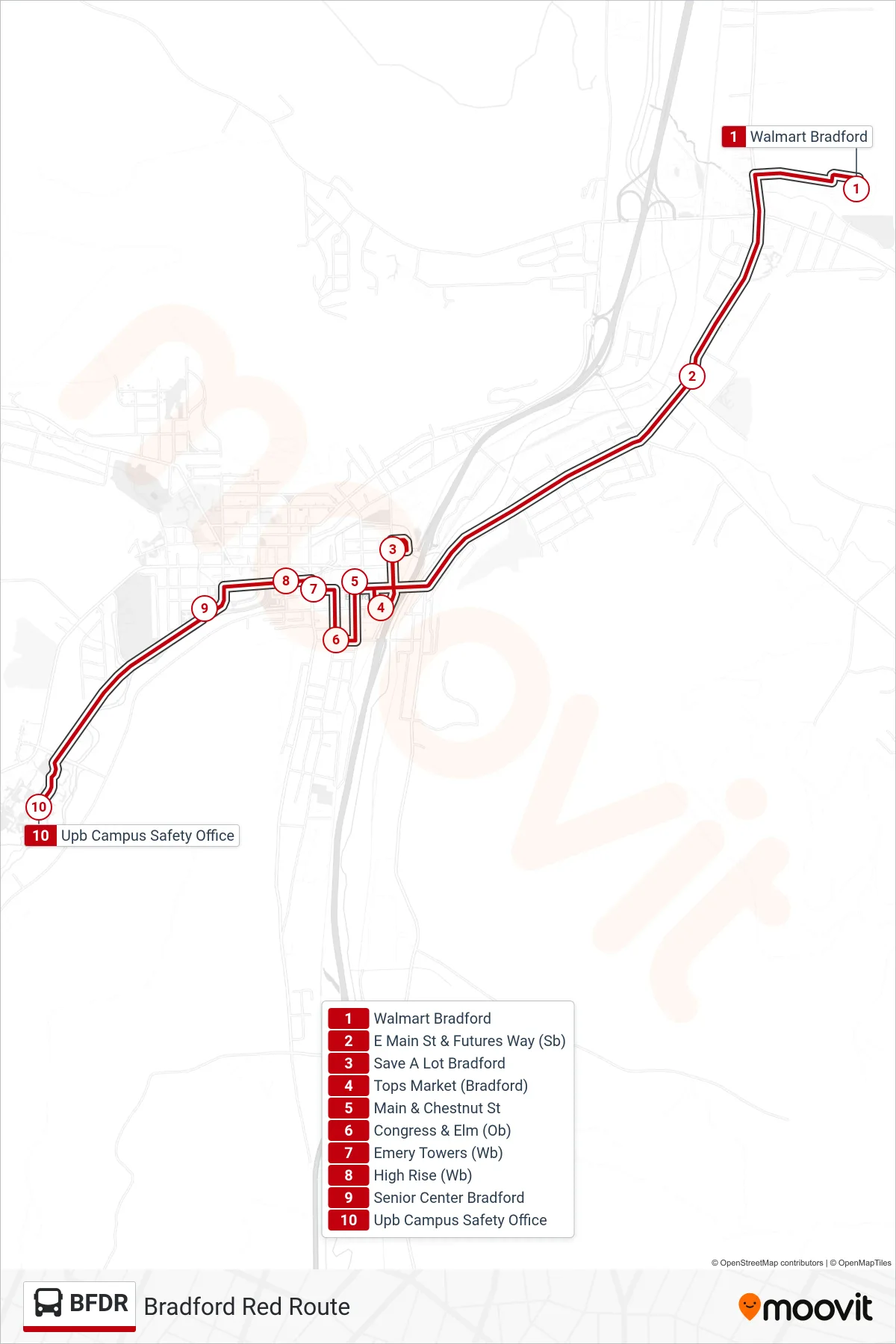 BFDR bus Line (Bradford Red Route) route and stops on a map