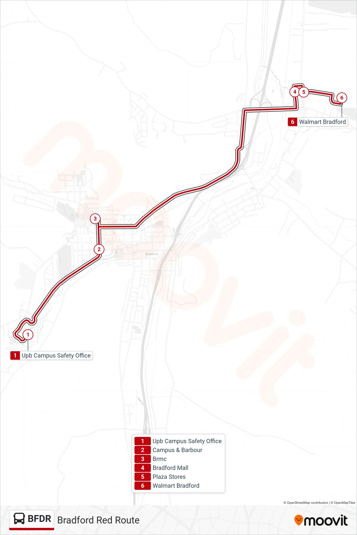 BFDR bus Line (Bradford Red Route) route and stops on a map