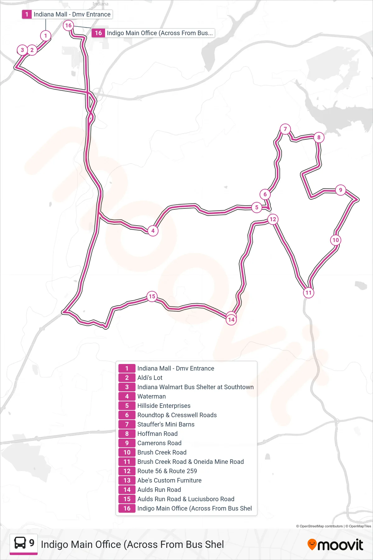 9 bus Line (Indigo Main Office (Across From Bus Shel) route and stops on a map